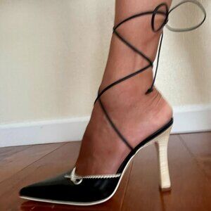 New Vintage Bolero Soft Black Leather Pointed Toe Women Shoes Lace Up Size 7/37